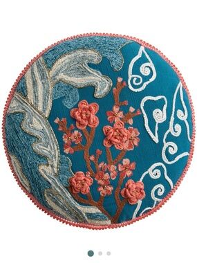 NWT Round Blue and Coral Cherry Blossom Embroidered 14” Throw Pillow